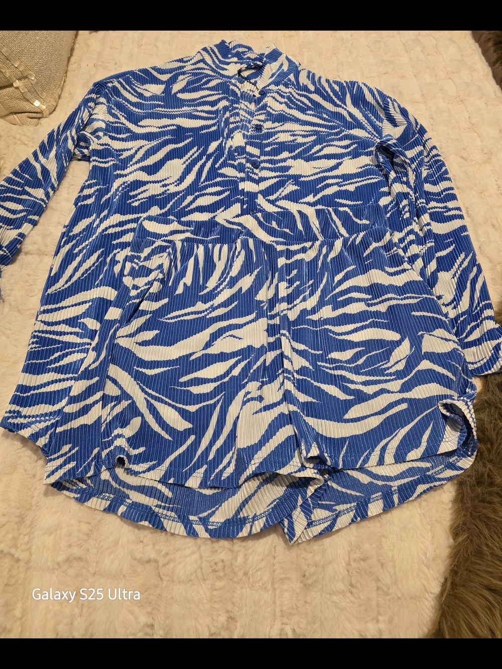 Blue and White Printed Button-Up Short Set